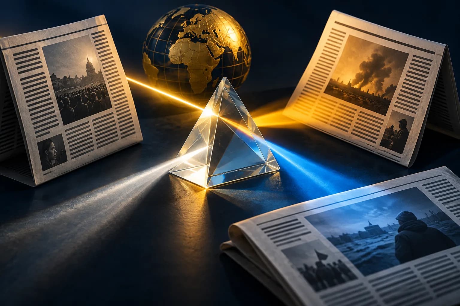 Illustration de journaux aux perspectives différentes réunis autour d’un prisme et d’un globe.